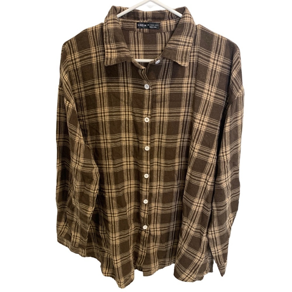 💜 Shein Brown & Tan Plaid Flannel Shirt - Size L (US 8/10)
